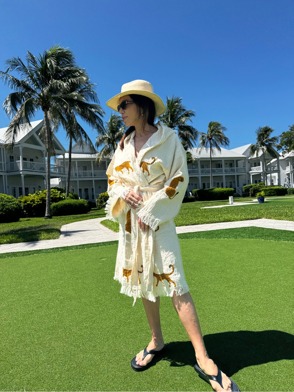 The LouLou Beach Meslin Turkish Cotton Kimono with Tan Leopard Motif